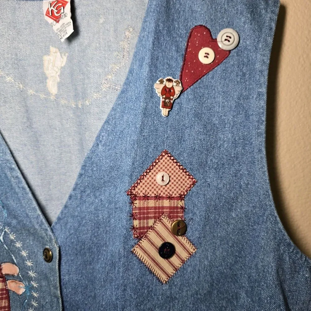 Vintage Kevin G. Sportswear Denim Vest One Size Angel Stars Patchwork 90's